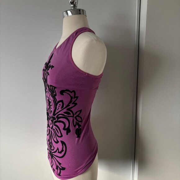 Purple Racerback Tank Top With Black Floral Motif Design - Picture 2 of 5